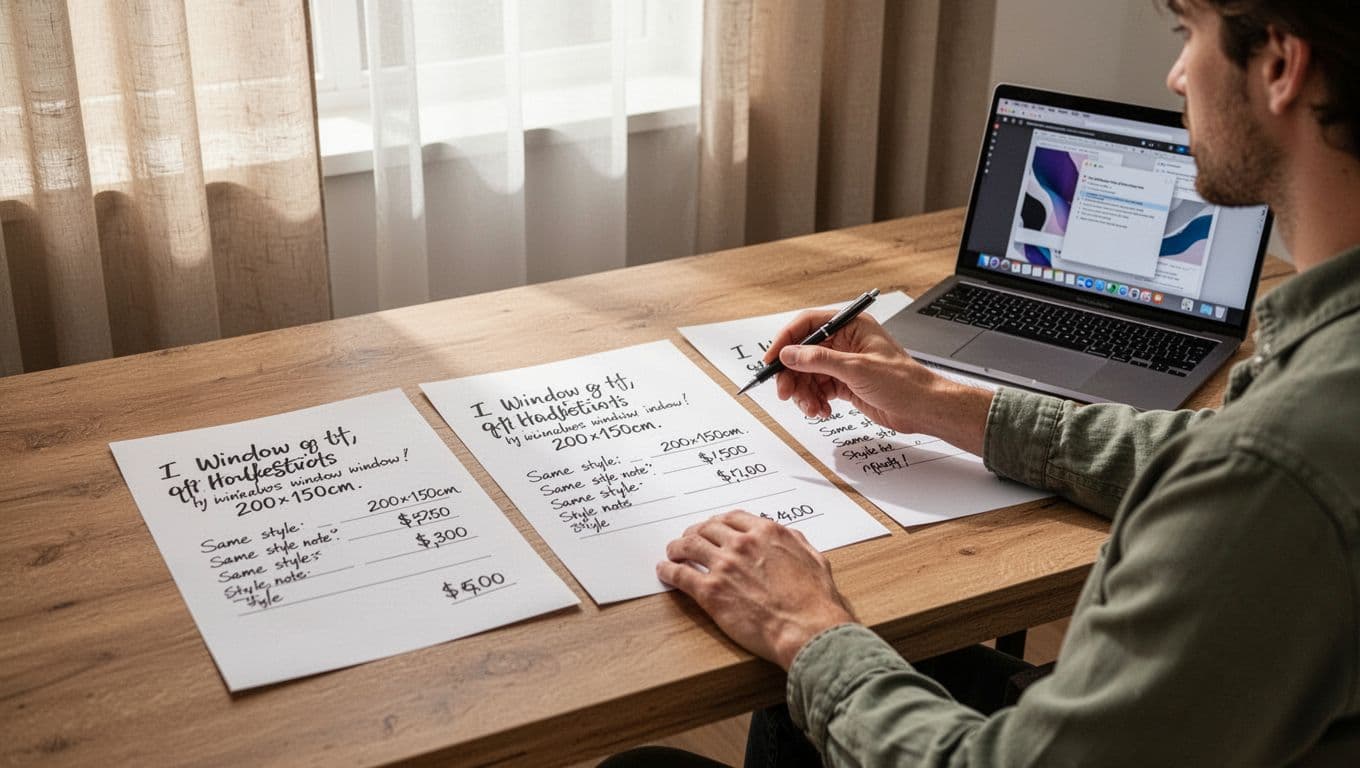 訂製窗簾最低價保證真假怎麼判斷?3步驟避開陷阱 Casually dressed person in a bright daytime home office sits at a wooden desk, comparing three printed custom curtain quotes with identical 200x150cm dimensions and handwritten notes. Laptop nearby, cozy background with window and plain curtains allowing soft natural light, photorealistic details on paper textures.