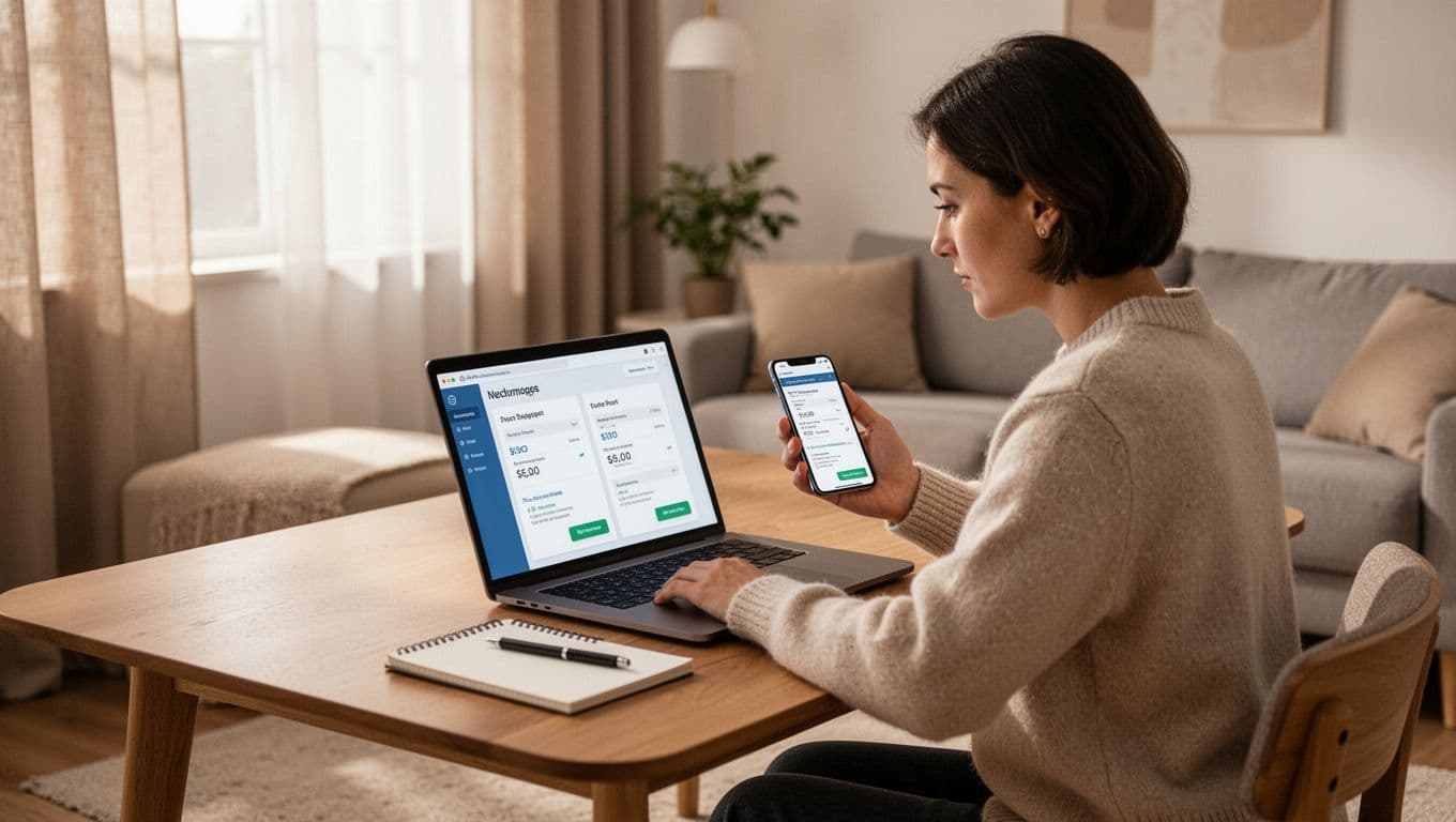 窗簾安裝難度影響報價?這些窗型最常加價 In a cozy modern living room with soft natural light, one person sits focused at a table comparing curtain quotes on angled laptop and phone screens with abstract placeholders and a nearby notepad.