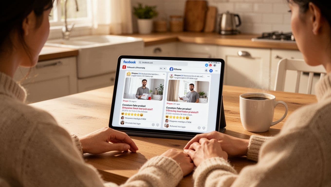 A person sits at a kitchen table in a bright cozy home, using a tablet to compare reviews of custom curtains across platforms like Shopee, PChome, and Facebook, with screen showing side-by-side positive feedback. Warm morning light illuminates the domestic scene, photorealistic high resolution.