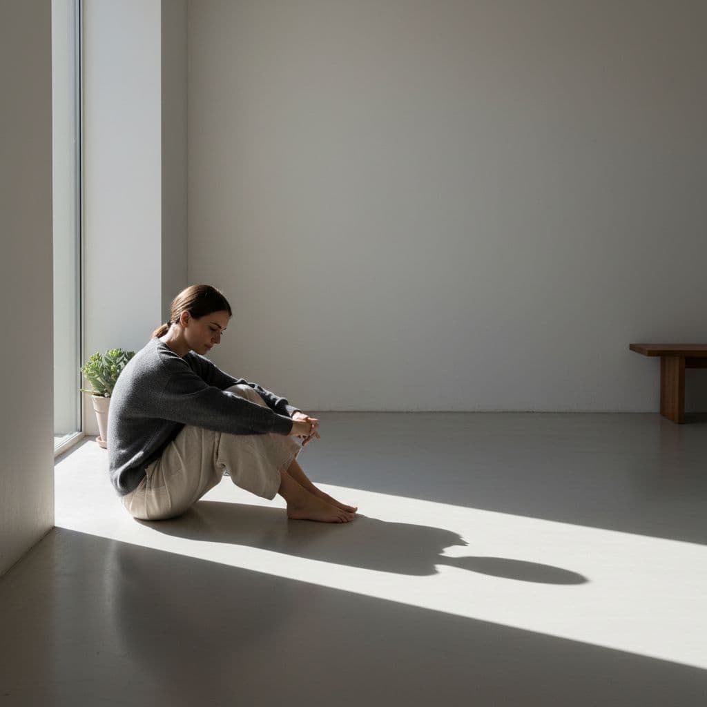 A person sits on the floor against a plain wall, watching their own shadow in soft light.