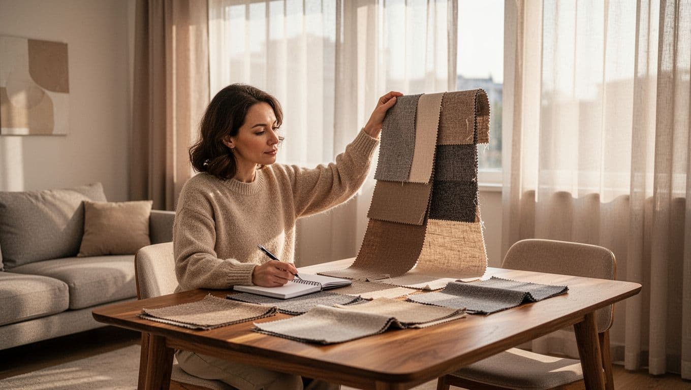 In a cozy modern living room, a person sits at a wooden table examining several fabric swatches for curtains, holding one up to the soft afternoon sunlight filtering through sheer window curtains, with a notebook and pen nearby.