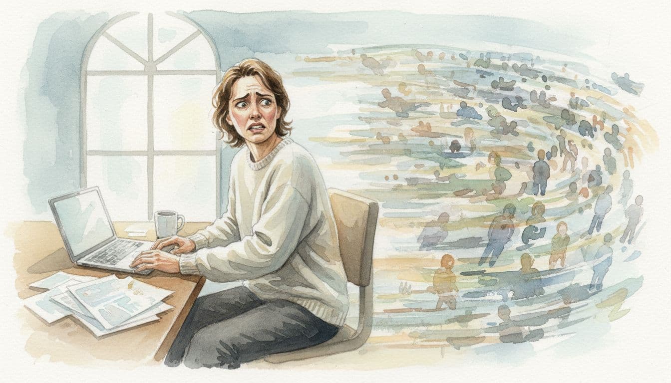 A worried individual sits at a desk while a blurred crowd rushes past them.