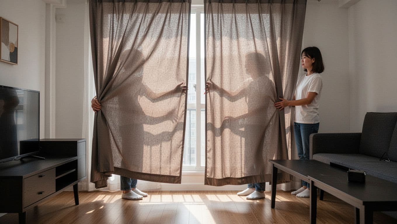 In a bright Taiwanese living room, a person pulls a dark beige curtain flat against the window to reduce shadows and make the space appear lighter, with dark furniture moved aside to avoid contrast illusions. Soft natural light illuminates the fabric evenly, revealing texture details in a photorealistic style with simple modern decor and wooden floor.