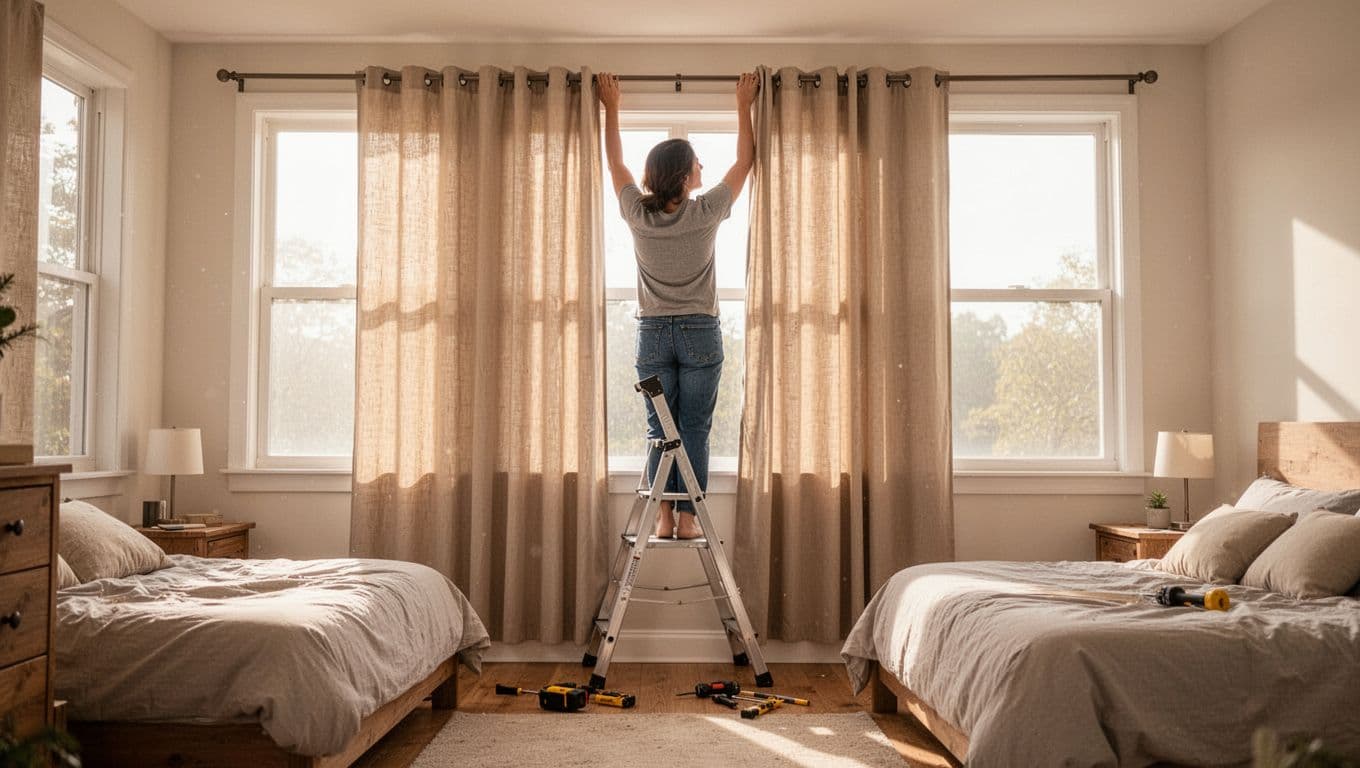 窗簾安裝難度影響報價?這些窗型最常加價 In a cheerful bedroom with morning sunlight through plain windows, one person in a relaxed pose hangs straight-drop curtains on standard tracks from a low ladder, minimal tools on floor, photorealistic happy mood.