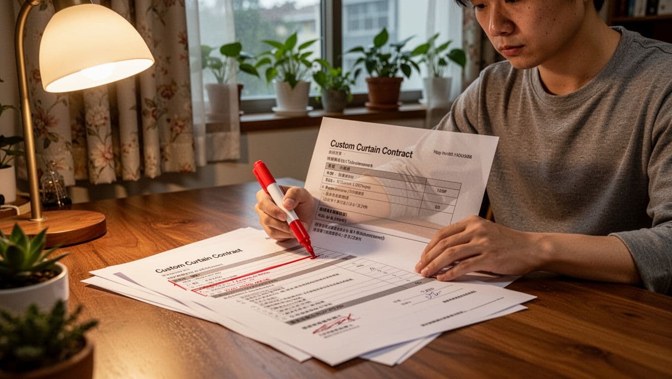 A person sits at a wooden desk in a cozy Taiwanese home office, carefully reading a printed custom curtain contract and using a red highlighter to mark sections like size tolerances and return conditions.