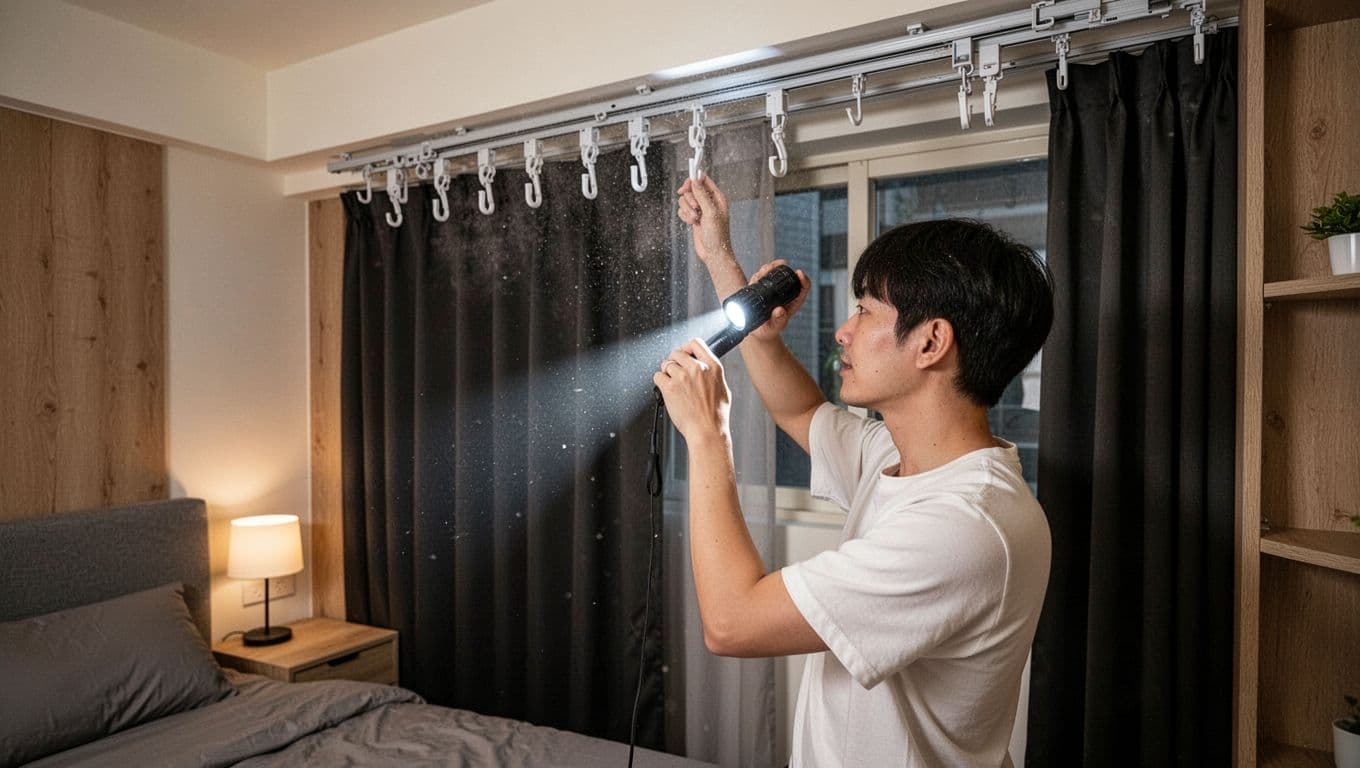 低預算訂製窗簾:遮光等級怎麼選睡得香 A single person in a cozy Taiwanese bedroom uses a flashlight to inspect the curtain track and hooks above a window for dust and alignment. The modern minimalist room includes a bed, nightstand, wooden elements, soft lighting, and partially drawn blackout curtains.