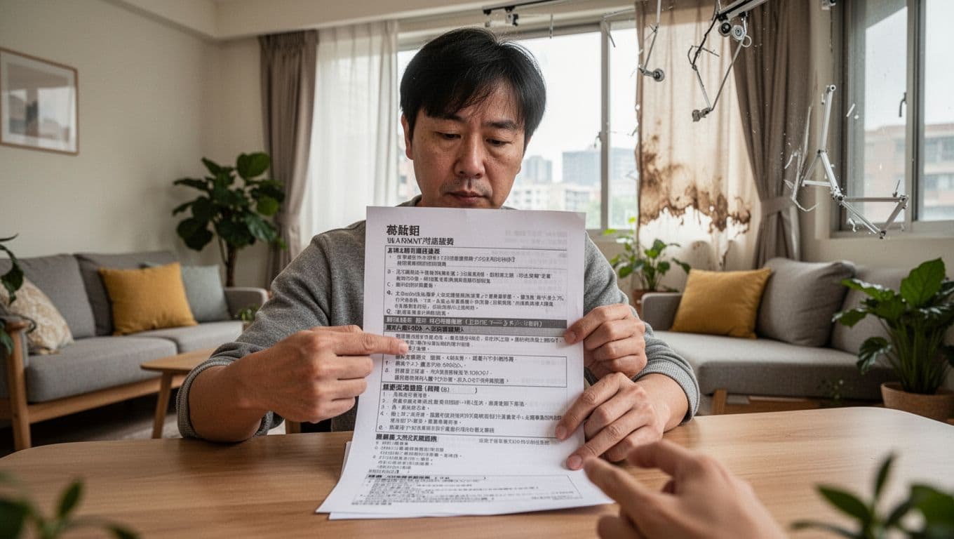 訂製窗簾報價很便宜,可能少了哪些項目 Photorealistic image of one person in a modern Taiwanese living room sitting at a table, examining a warranty document with hands pointing to fine print clauses about fabric fading and broken curtain track, under soft natural daylight from a window with detailed curtains.