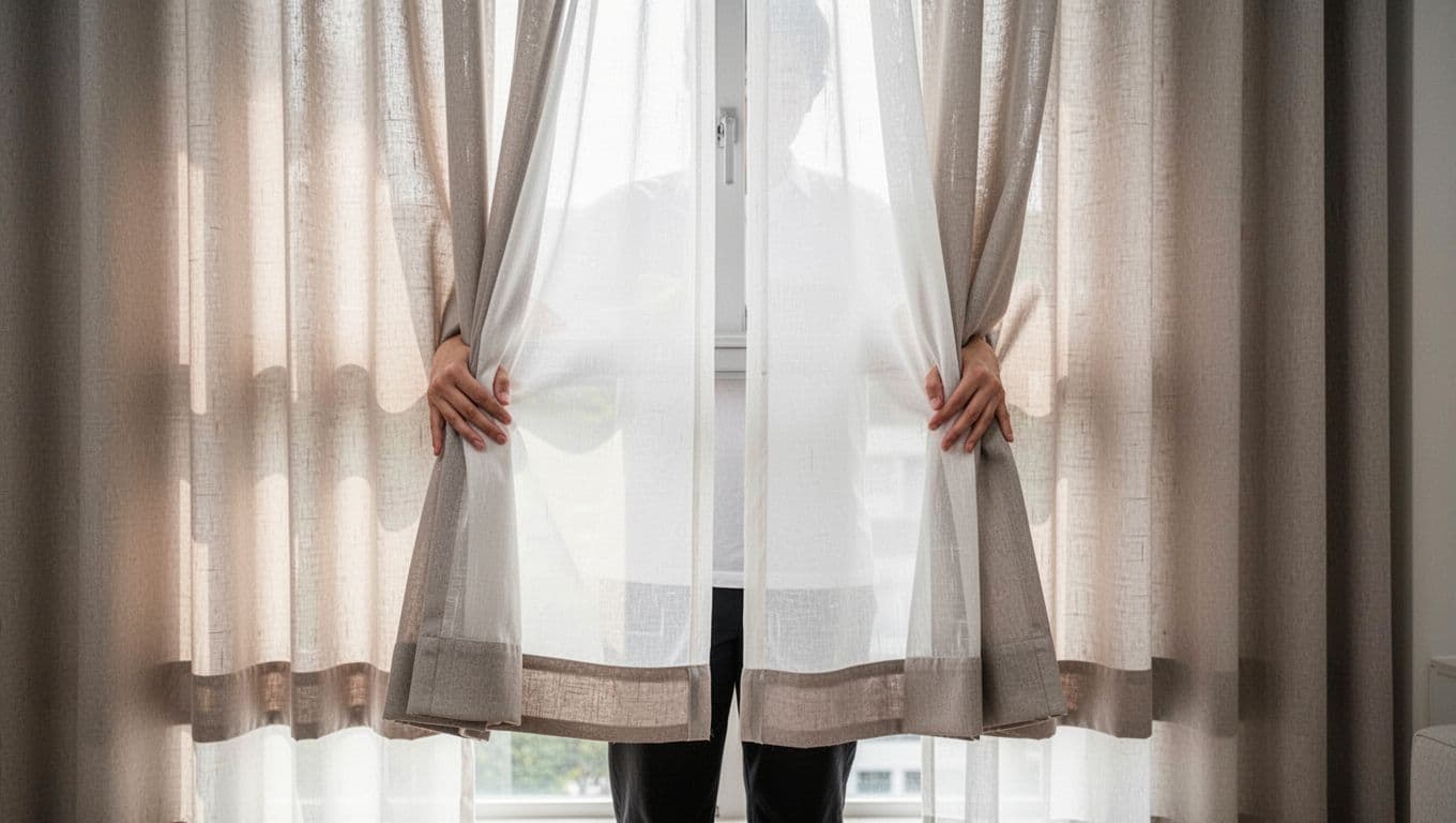 A single person pulls and checks custom curtains for symmetrical lines, smooth opening and closing, level hem, and neat edging without snags, with hands naturally resting on the curtain edge in a simply furnished, brightly lit room.