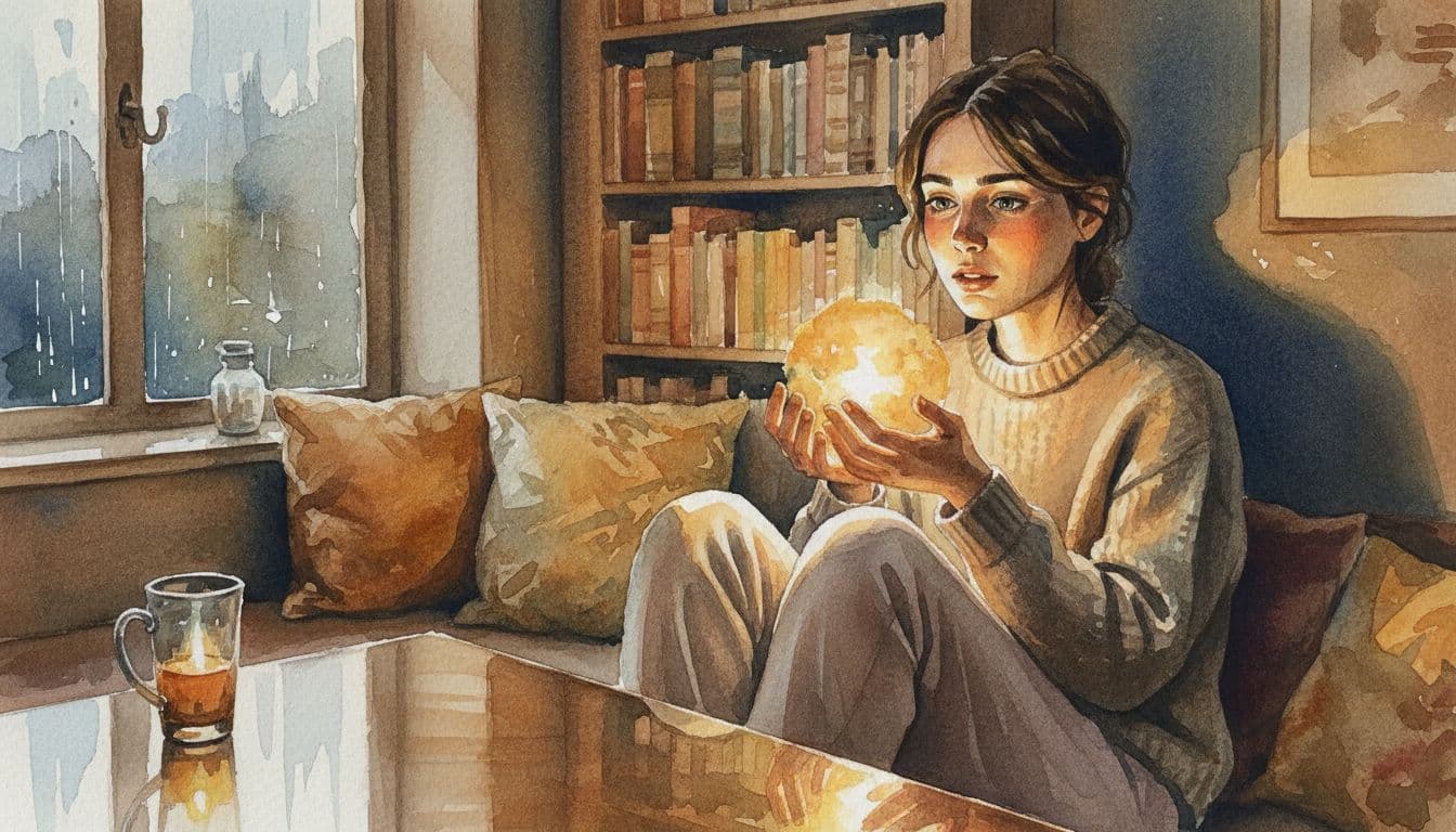 A person sits in a cozy corner, curiously examining a soft, glowing light in their hands.