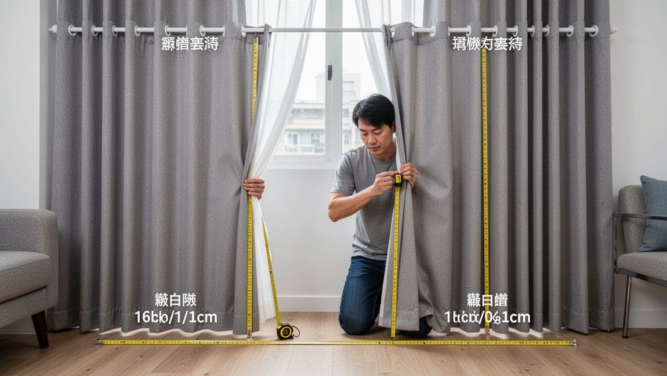 訂製窗簾裝歪怎麼辦?驗收自檢與修法全指南 Photorealistic image of one person kneeling in a bright modern Taiwanese living room, using a tape measure to check the evenness of custom curtain hems from the floor on both sides, showing less than 1cm difference, top-to-track uniformity, and center panel overlap. High detail on fabric and measurements under natural daylight with clean composition.