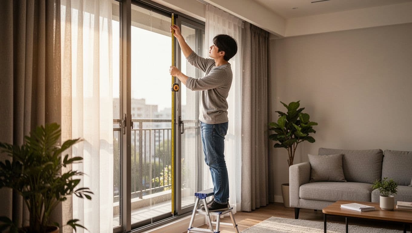 窗簾訂製預算表:入門到高規3種方案全指南 A person stands on a stool in a modern living room, using a tape measure to check window dimensions for custom curtains, with soft daylight outside and cozy furnishings in the background.