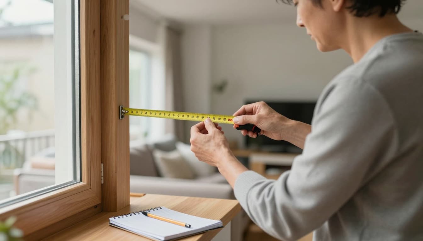 A middle-aged person in casual home clothes carefully measures a standard living room window frame with a flexible tape measure, notepad nearby, in a cozy modern apartment with soft natural daylight.