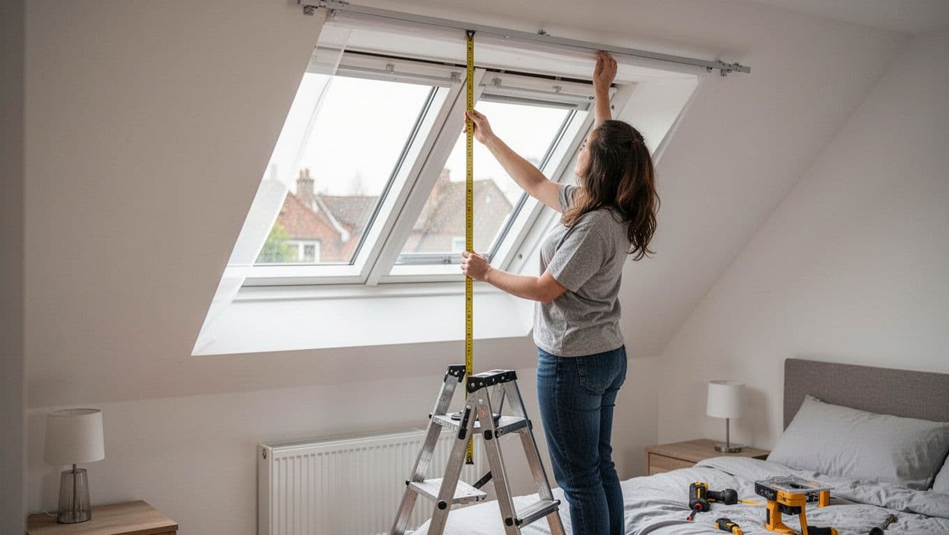 窗簾安裝難度影響報價?這些窗型最常加價 A single person on a step ladder in a bright bedroom uses a measuring tape to measure the height over 2.5 meters and narrow width of a slanted ceiling window for curtain track installation, with minimal furniture and soft lighting.