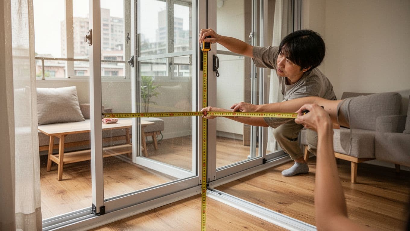 A single person in a modern Taiwanese living room carefully measures a large sliding window with a tape measure, focusing on width from left track to right track and height from top track to sill. Features wooden floor, simple sofa in background, natural daylight, realistic photo style with warm cozy mood.