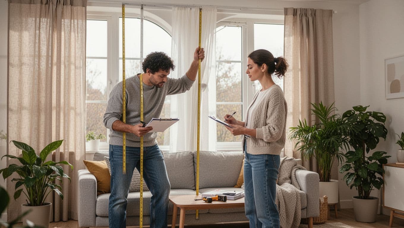窗簾安裝難度影響報價?這些窗型最常加價 In a cozy modern living room with natural light, one person holds a measuring tape and notepad to assess curtain installation by measuring window height and shape, with sofa and plants in background.