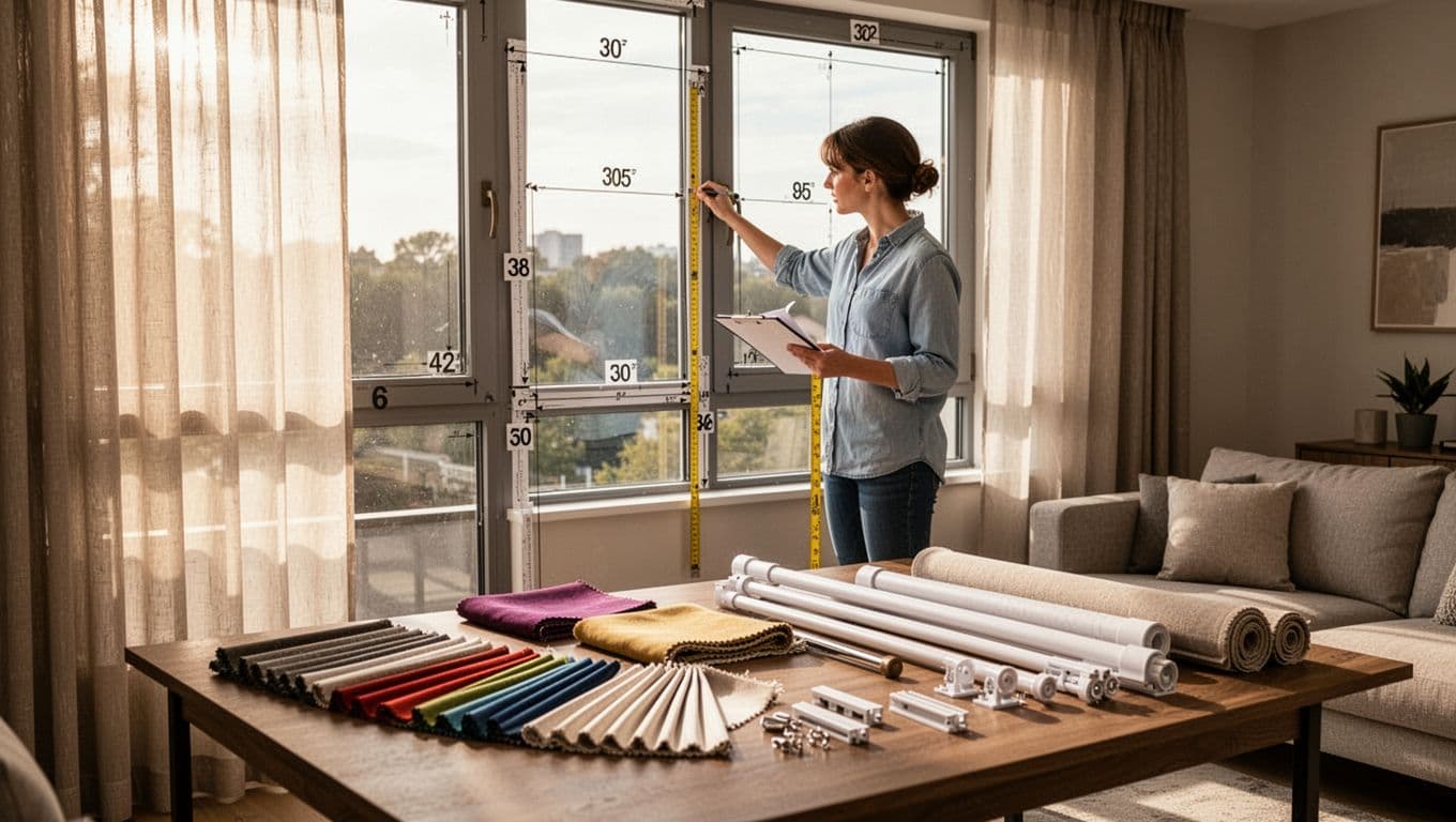 In a modern living room, one person stands by a large window holding a measuring tape and notepad, marking dimensions and room labels. Nearby on a table, fabric samples, pleated curtain swatches, roman rod accessories, and track pieces are neatly arranged with sunlight filtering through sheer curtains.