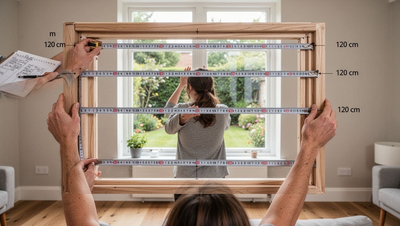Photorealistic image of a person in a bright modern living room using a tape measure to check the window frame width at top, middle, and bottom points.