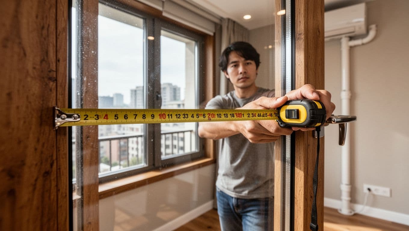 Realistic photo of a person using a tape measure to check window dimensions in a modern apartment living room, with close-up on the measuring tape and natural daylight.