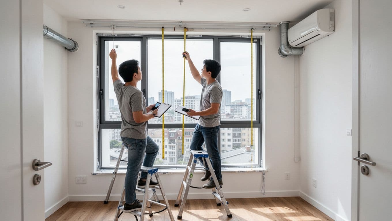 新家搬入前窗簾要先做嗎?隱私遮光隔熱全到位,避免住進去超麻煩 Photorealistic image of one person in an empty modern apartment measuring a large living room window with a tape measure for curtain installation, holding notebook and smartphone while standing relaxed on a ladder.