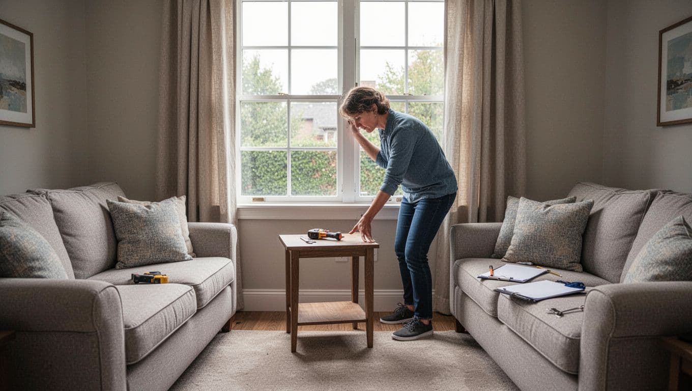 窗簾安裝難度影響報價?這些窗型最常加價 In a comfortable living room, a single person pushes a small side table aside to access the window area blocked by furniture for curtain installation, with neutral daylight illuminating the realistic high-detail scene.