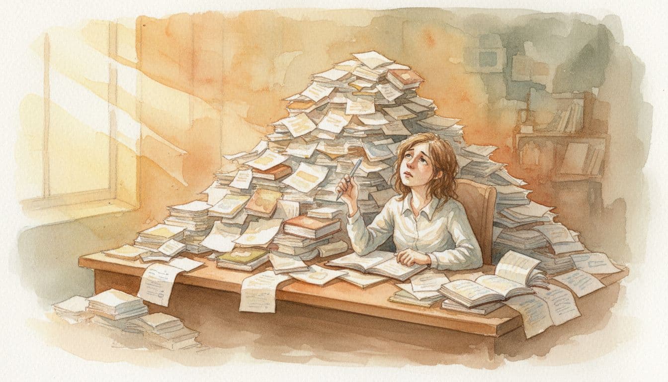 A person sits at a desk covered in piles of scattered papers, holding a pen with a troubled expression.