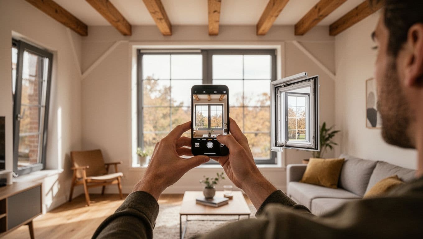A person in a modern living room holds a smartphone naturally with both hands to photograph a large window from multiple angles, including full view, frame close-up, wall corners, and ceiling beams. The background features simple furniture, soft natural daylight, and a warm cozy mood in realistic high-detail landscape style.