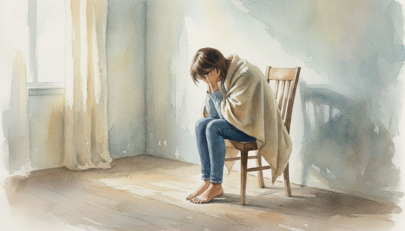 A person sits on a chair with their head in their hands within a soft-lit room.