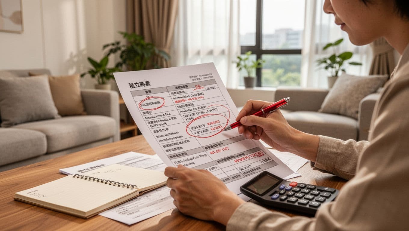 訂製窗簾報價很便宜,可能少了哪些項目 A single person sits at a wooden table in a bright modern Taiwanese living room, using a red pen to circle key details like fees and specs on a custom curtains quotation sheet, with notepad and calculator nearby.
