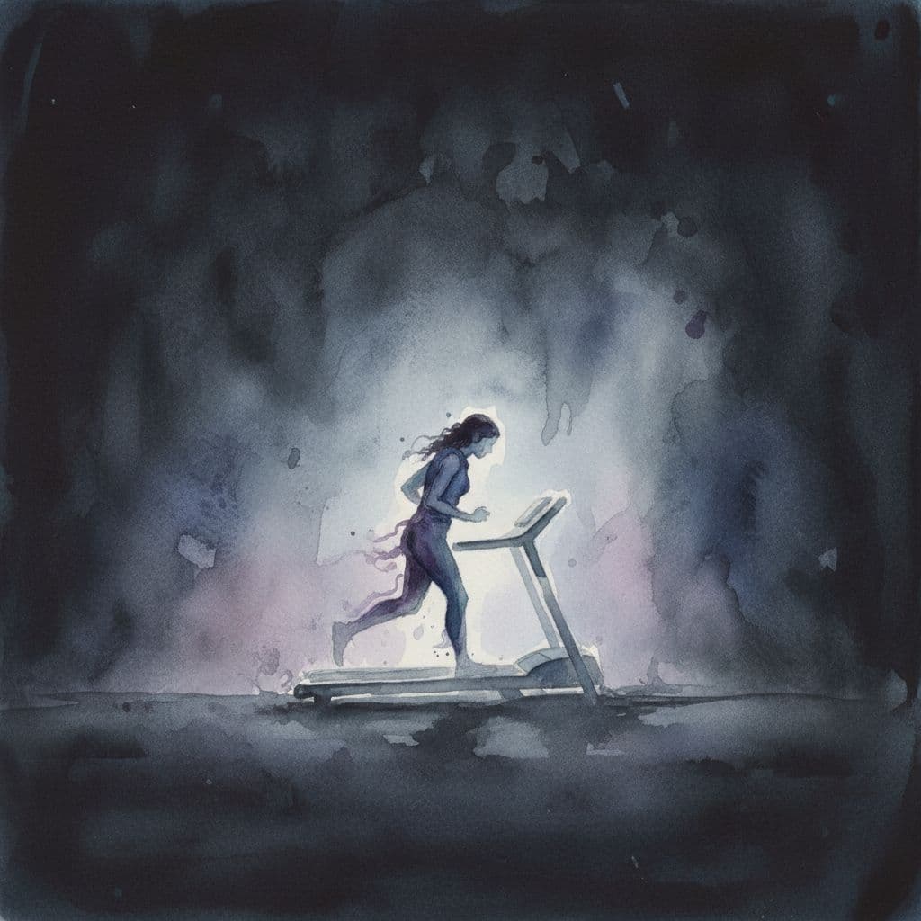 A person runs on a treadmill set within a vast, dark, and empty space.