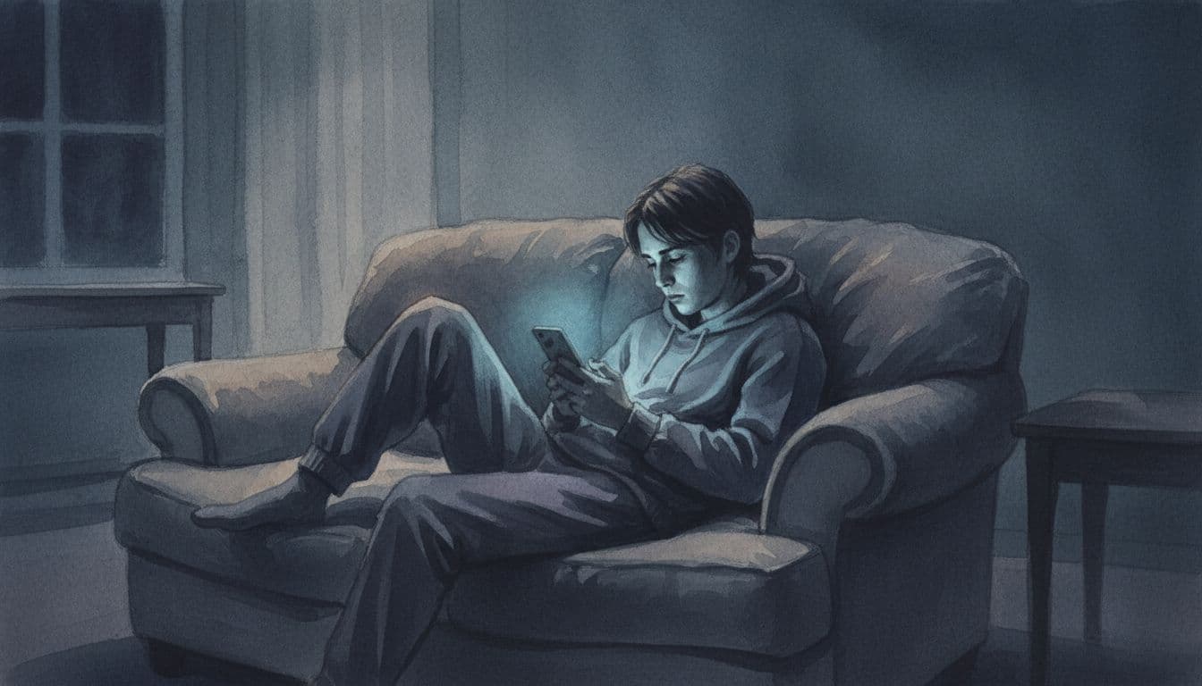 A person sits slumped on a couch late at night, illuminated only by their smartphone screen.