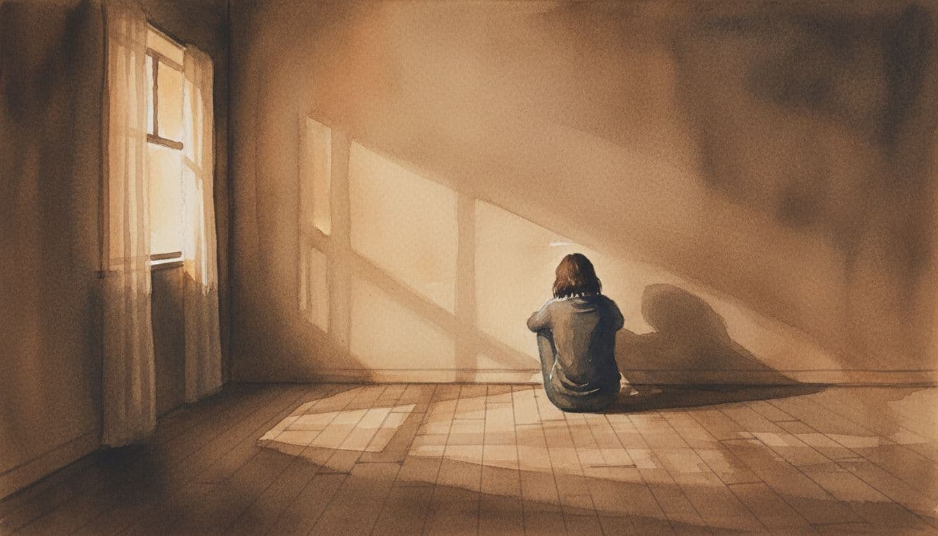 A person sits alone in a dim, shadowed room staring at a blank wall in watercolor.