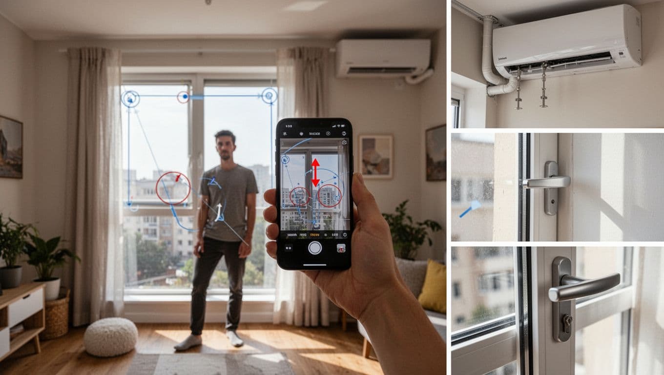 Photorealistic scene of a relaxed person holding a smartphone capturing photos of a modern home window, including full front view, side angle, and close-ups of handle, AC pipe, and curtain box. The phone screen faintly displays a marked photo with circles around obstacles and an arrow for planned track position in a cozy indoor room.