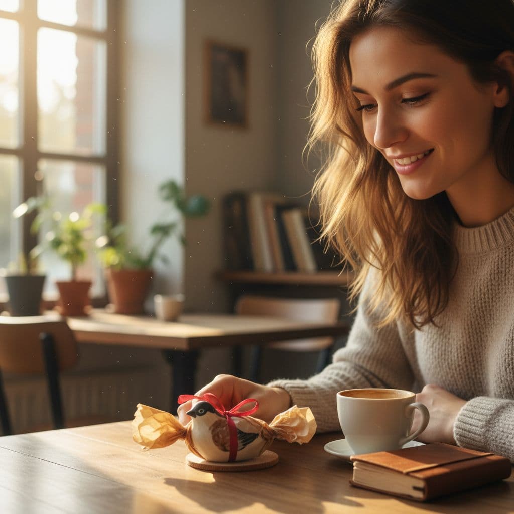 A person smiles softly at a small, meaningful item while sitting at a sunlit cafe table.