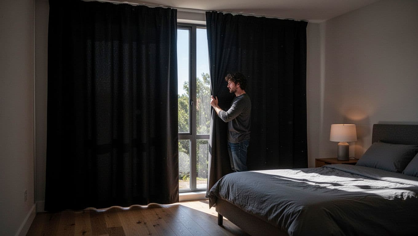 Photorealistic midday bedroom scene completely dark inside due to fully closed blackout curtains blocking strong direct sunlight with no light leaks. A relaxed person checks for light penetration at the curtain edge in a simple modern bedroom with bed and nightstand.