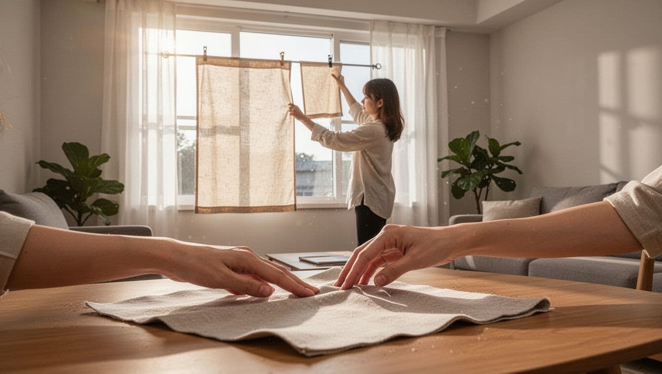 A person in a bright, cozy modern living room hangs one curtain fabric sample on the curtain rod with a clip to test sunlight transmission, while gently rubbing another on the table to check texture and stain resistance.