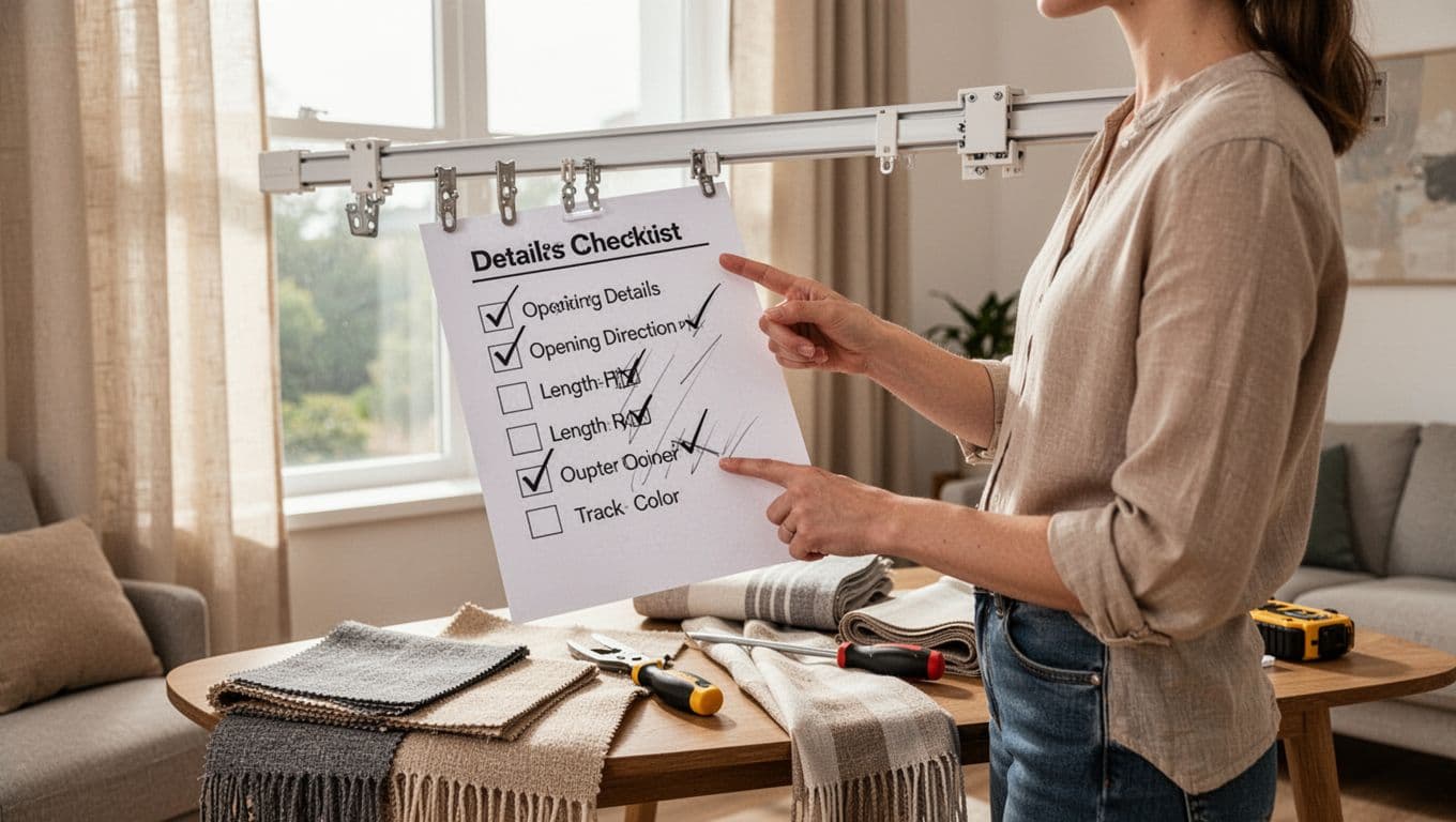A person in a bright modern living room stands near a window, holding a printed checklist to verify curtain details like opening direction, length, and track color against installed hardware, with relaxed hands pointing to list items and a nearby table holding curtain samples and tools.