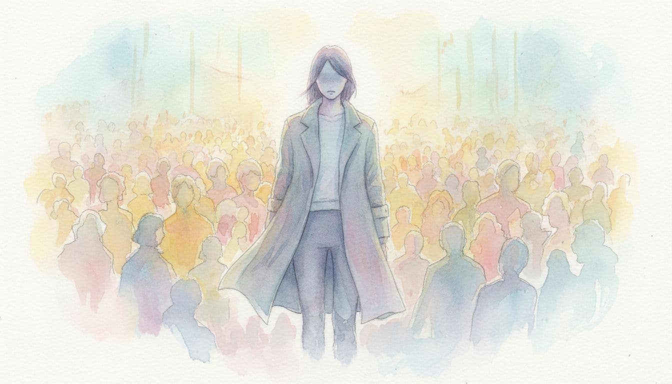 A watercolor illustration shows a lone person walking with a distant expression amidst a blurry, anonymous crowd.