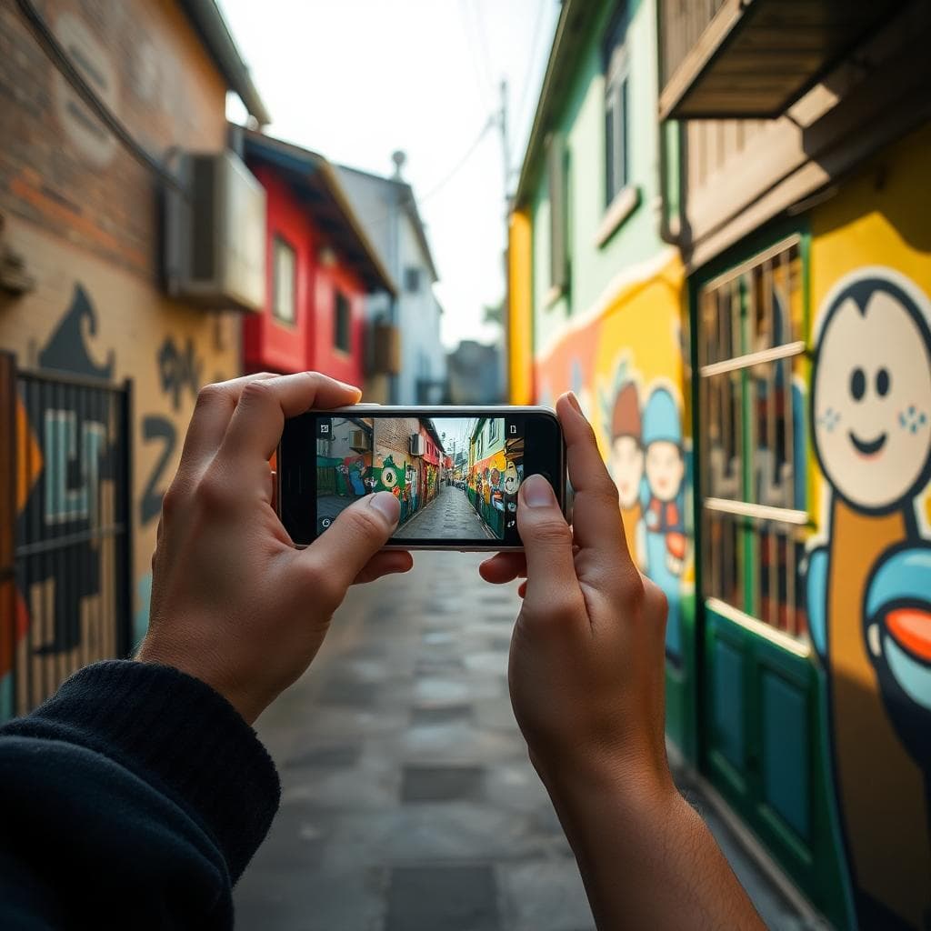 Close-up view of a photographer capturing a creative angle in Rainbow Village, Taichung, Taiwan. Focus on a person using a smartphone to take a photo of a colorful mural in a narrow alley, with elements like cartoon characters aligning for a fun perspective. Afternoon light casting soft shadows, vibrant colors on walls, old houses, no people in the shot except the photographer's silhouette, realistic style, detailed, no text, square aspect ratio.