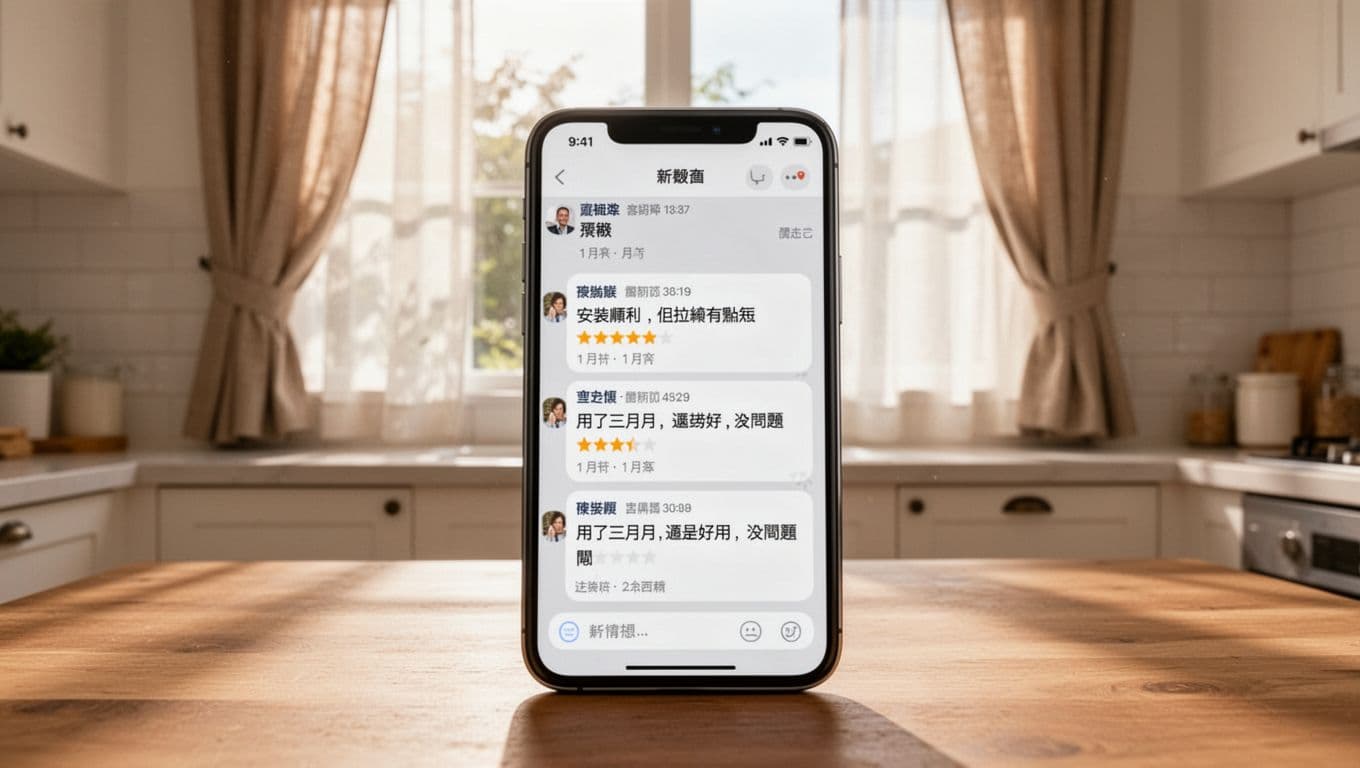 Photorealistic image of a smartphone screen in a bright kitchen showing a four-star Traditional Chinese review of custom curtains, with initial comment on installation and pull cord, and positive three-month follow-up, morning light, natural composition.