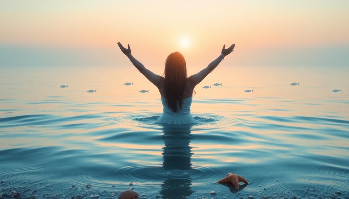 A serene Pisces-themed scene symbolizing rebirth after breakup, a woman rising from calm ocean at dawn, gentle waves and rising sun. Image generated by AI.