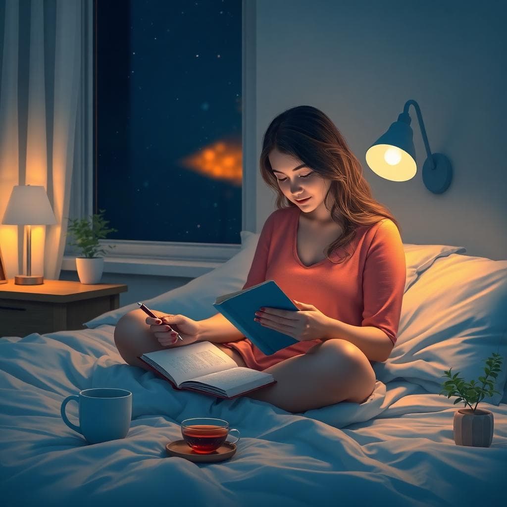 影像說明:一位年輕女性在溫馨臥室中寫情緒日記的寧靜夜晚場景,柔和燈光照亮筆記本,周圍有草本茶和小植物,背景是星空窗景