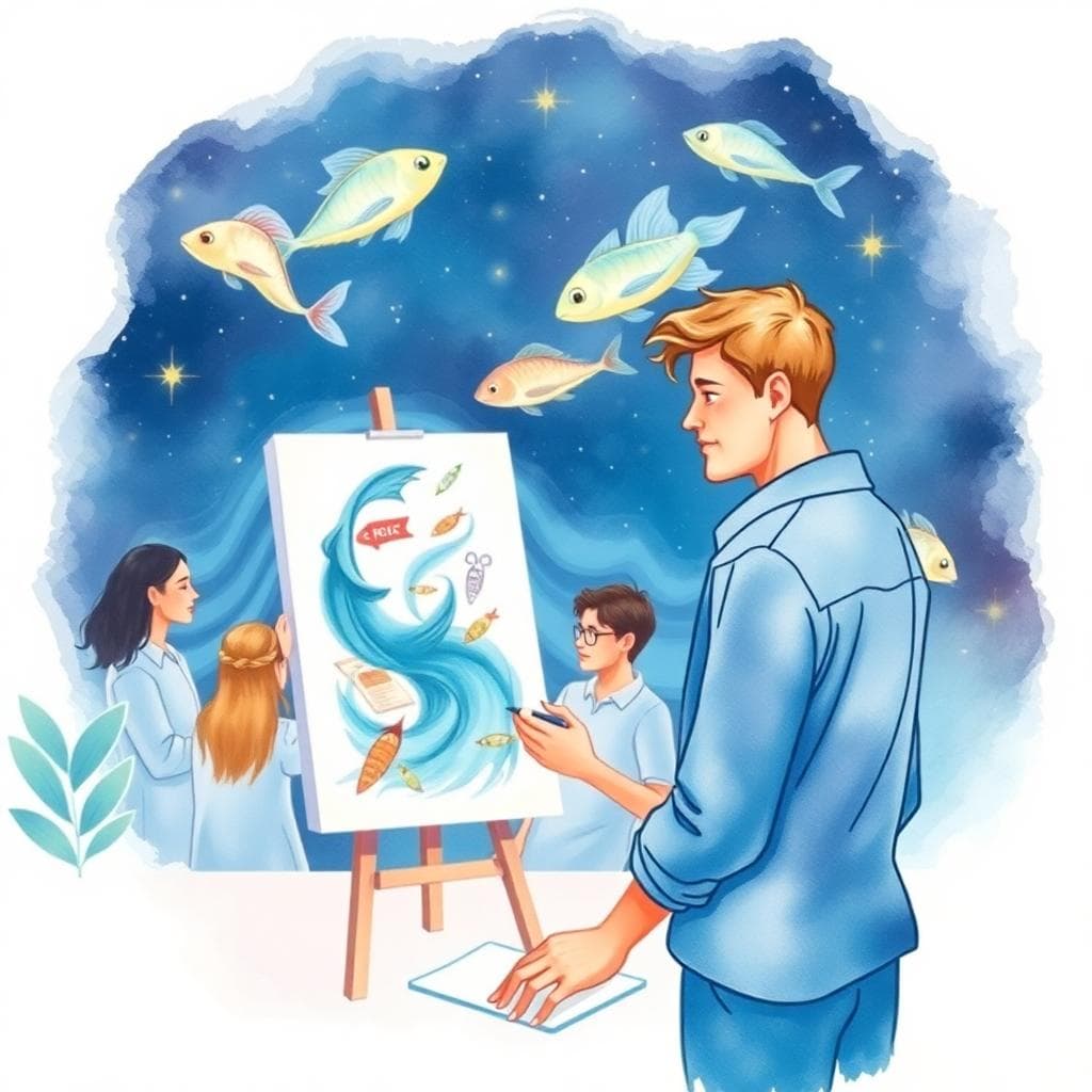 AI 生成的插畫,雙魚座在工作中的情感連結與創意激發