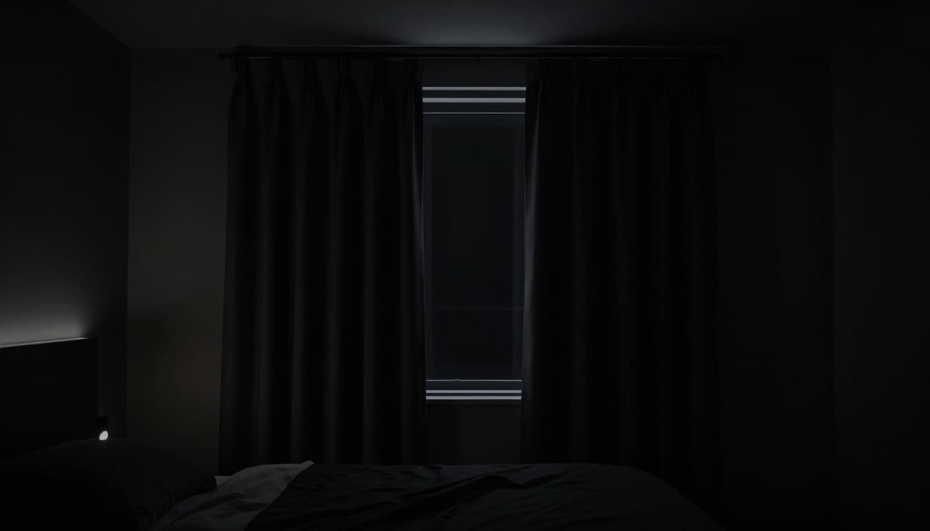低預算訂製窗簾:遮光等級怎麼選睡得香 A completely dark bedroom at night achieved with third-level full blackout curtains sealing a window, mimicking movie theater blackness with no external light penetrating. Serene deep sleep environment in a modern minimalist room with subtle interior glow from a small lamp.