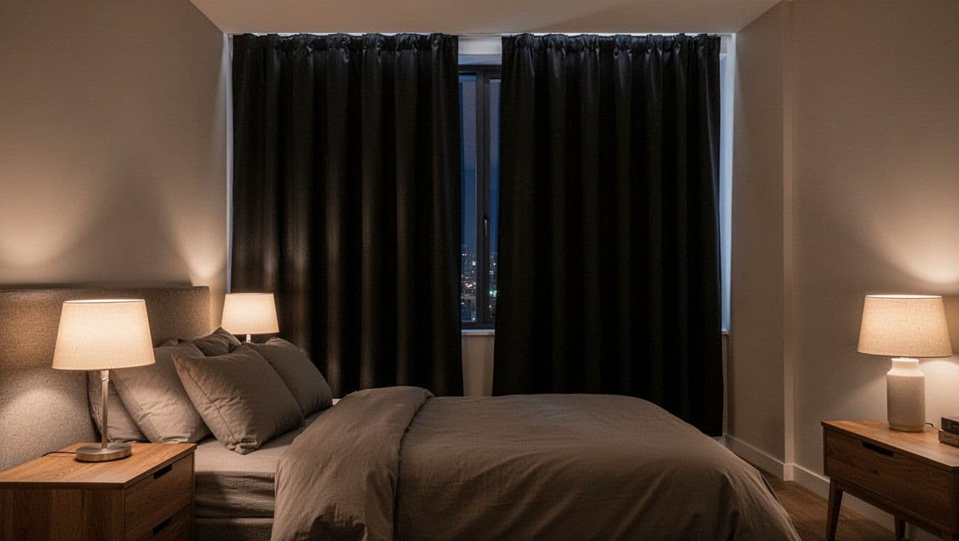 訂製窗簾不同房間要花多少?客廳臥室書房估算全指南 Modern cozy bedroom at night featuring a large window with fully drawn blackout curtains that block all external light, creating a pitch-dark atmosphere ideal for deep sleep. The scene includes a neatly made bed, pillows, off bedside lamp, and wooden nightstand in warm neutral tones.