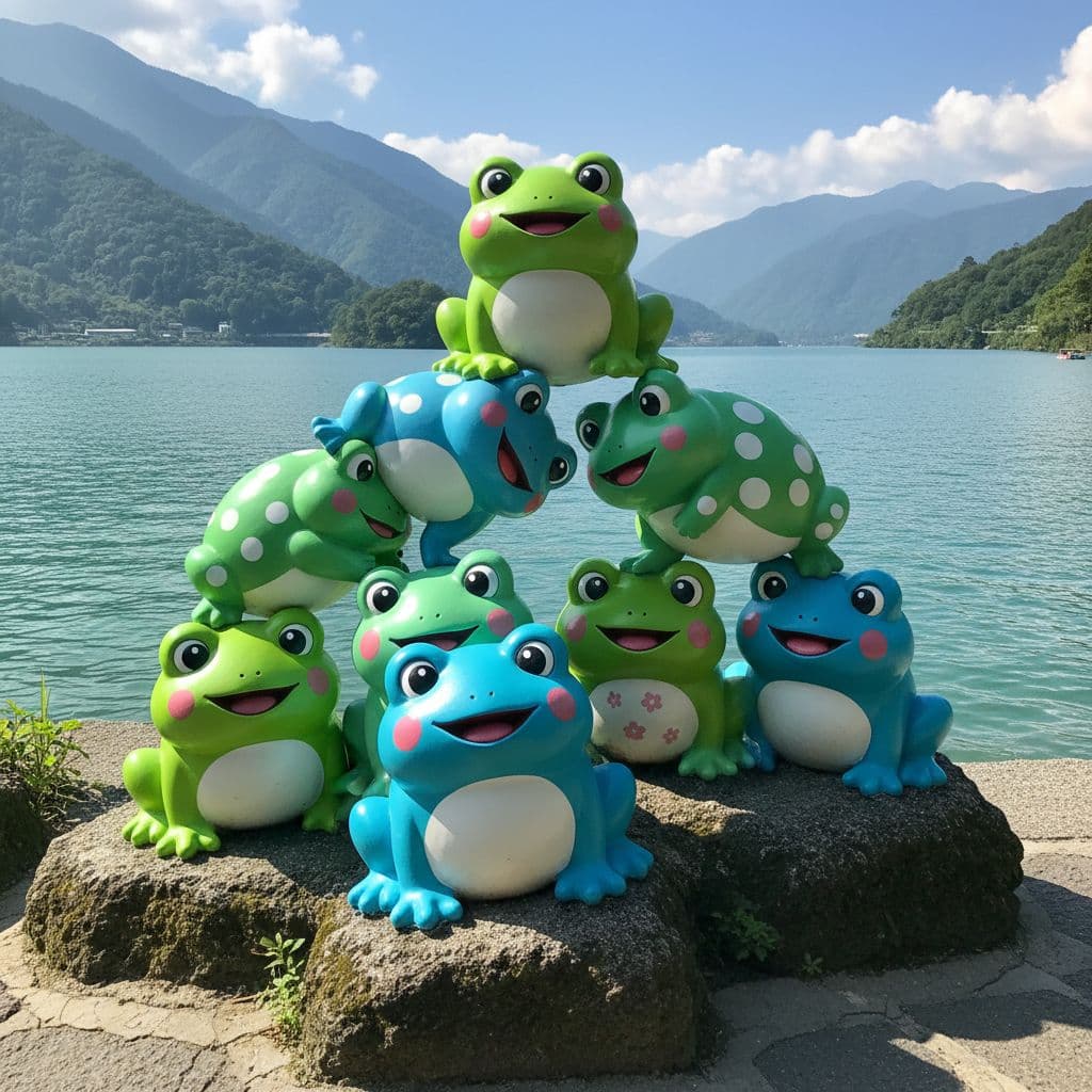 Playful cartoon frog sculptures by Sun Moon Lake