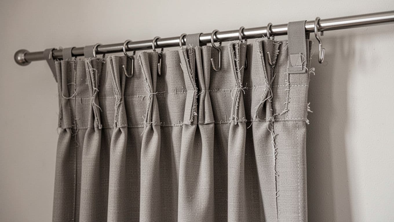 訂製窗簾想簡約?避開俗氣褶子的實用訣竅 Realistic close-up of a single window curtain panel showing uneven stitching, crooked metal hooks, wrinkled fabric, and low-quality texture against a plain wall in soft light.