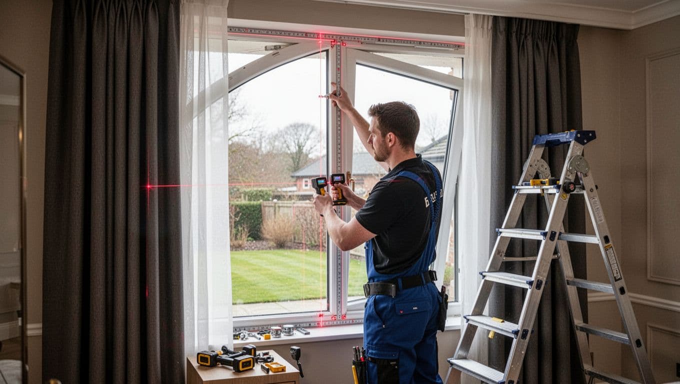 A professional curtain installer precisely measures an irregular non-square window frame using laser tools to ensure a perfect fit for blackout curtains with no light leaks. The clean workspace features a ladder, hardware, and natural daylight, focusing on meticulous installation technique.