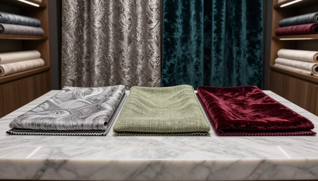 Photorealistic image showcasing premium European and American imported curtain fabrics like jacquard weaves, organic linens, and velvet in a sophisticated showroom with three swatches on marble.