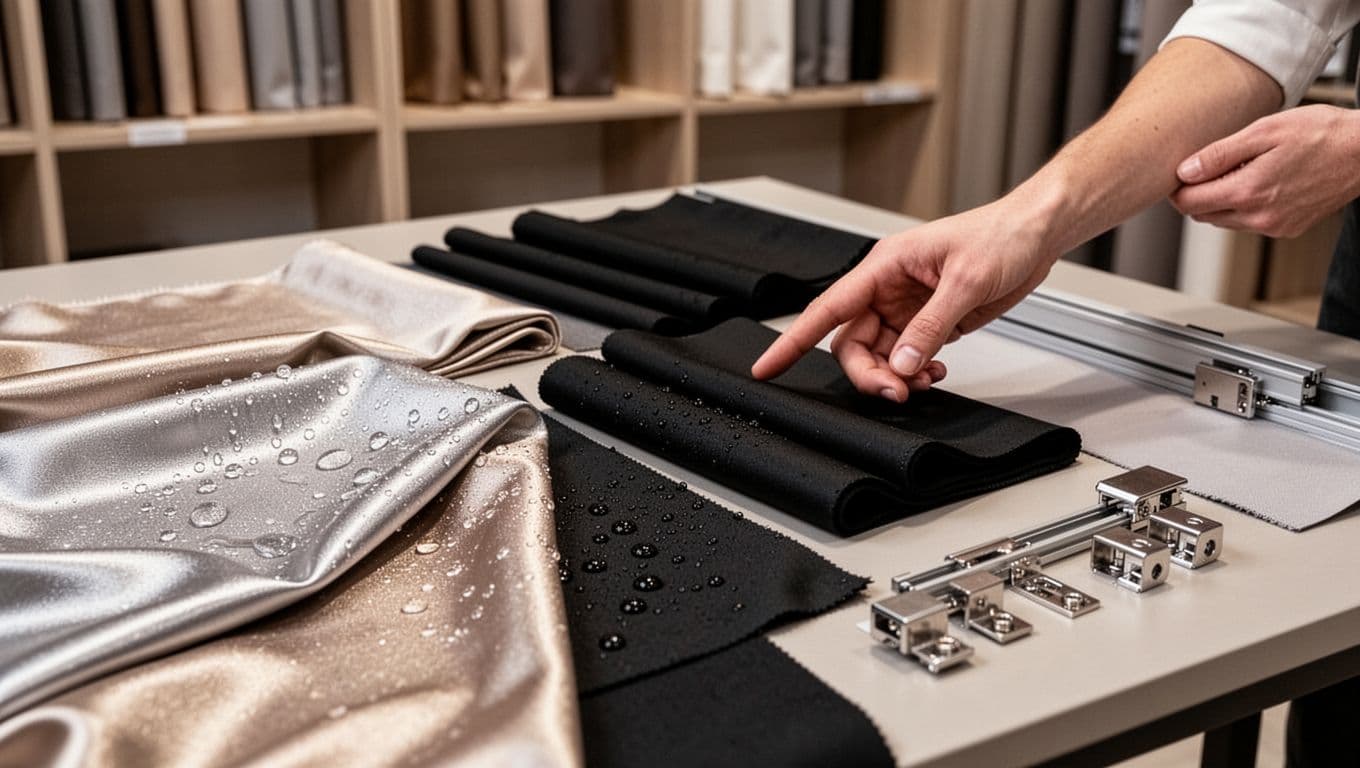 Assortment of premium curtain fabrics displayed on a showroom table, featuring water-repellent shiny material, thick blackout cloth, and nearby metallic track accessories, with a hand pointing relaxedly to a sample under soft lighting.