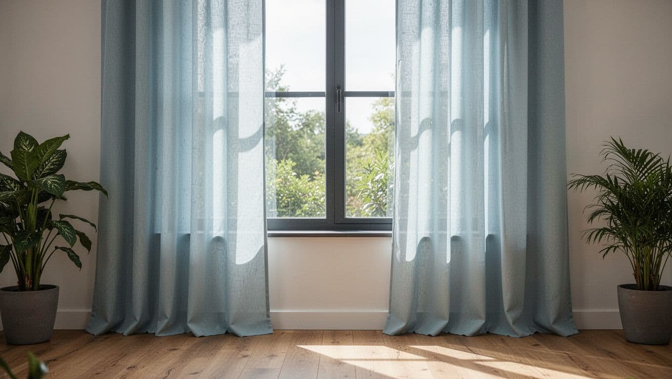 窗簾只換軌道不換布可以嗎?費用優缺點與限制全解析 Bright living room window during daytime showcasing clean, undamaged curtain fabric hanging perfectly straight with vibrant colors and soft natural folds. Foreground emphasizes the pristine fabric against a simple modern background with indoor plants and wooden floor.